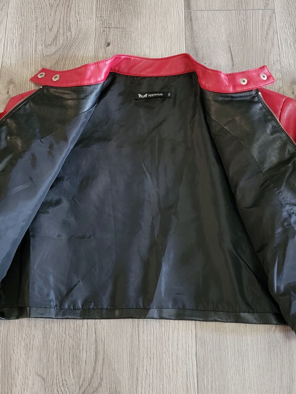 Red Black Faux Leather Short Jacket Streetwear Snap Zipper Stand Neck Outerwear - Picture 5 of 9